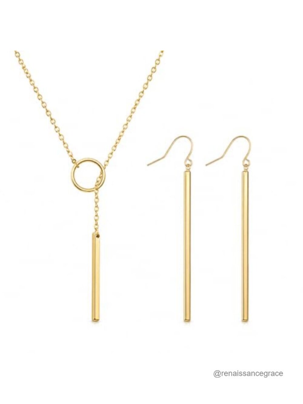 Gold Plated Dangle Earrings and Layered Y Necklace Set with Circle Bar Pendant